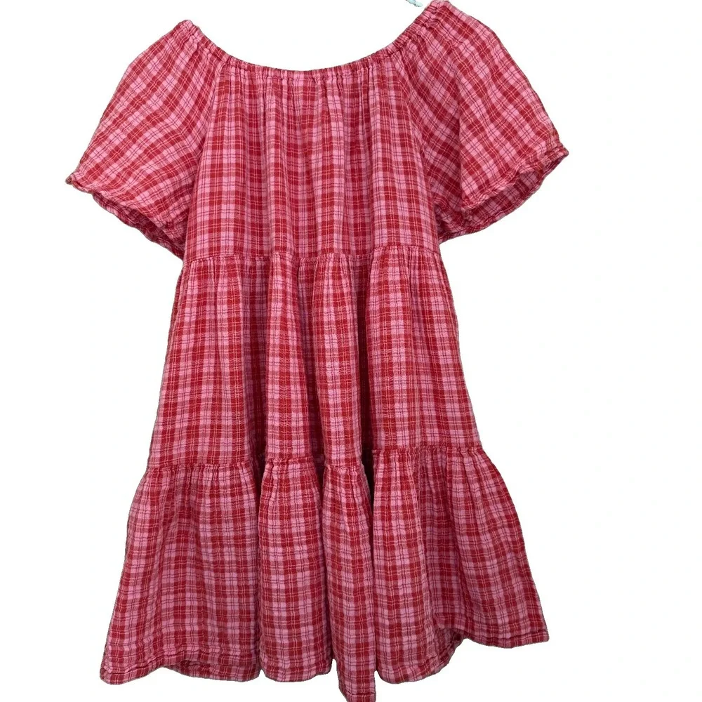 Old Navy Girls SS Tiered Swing Dress Size Plus XL 14-16 Pink Plaid Cottage Boho